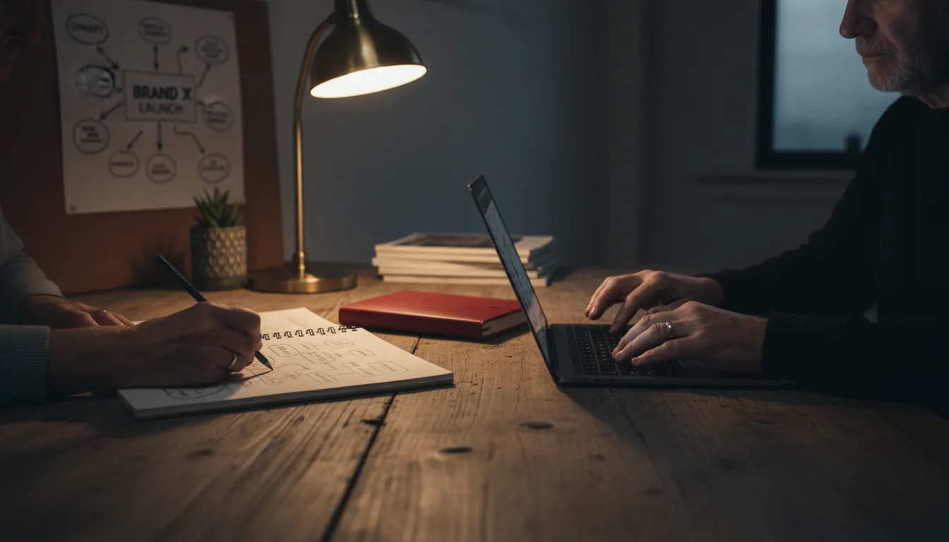 Two strategists working at a dark wooden desk under a warm desk lamp — one sketching a campaign flowchart, the other typing on a laptop, a deep red notebook resting between them in a Melbourne studio
